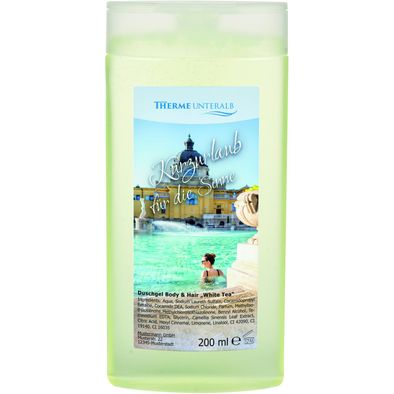 200 ml Flasche mit Duschgel Body & Hair 'White Tea' inkl. 4c Etikett