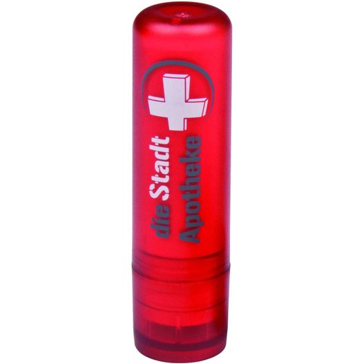 eine rote plastikflasche mit einem weißen kreuz darauf Lippenpflegestifte inkl. 1c-Druck (Bild 1)