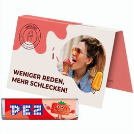 Werbekarte Visitenkartenformat, PEZ Bonbonriegel Erdbeere