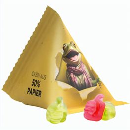 Fruchtgummi Tetraeder, Folie mit ca. 50% Papieranteil, weiß, Trolli Fruchtgummi Daumen