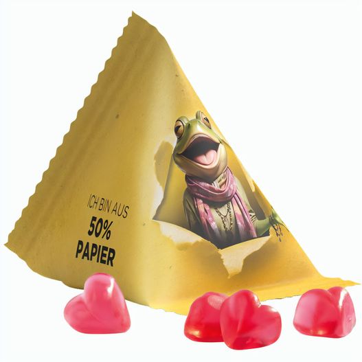 Fruchtgummi Tetraeder, Folie mit ca. 50% Papieranteil, weiß, Trolli Fruchtgummi Herz rot (Bild 1)