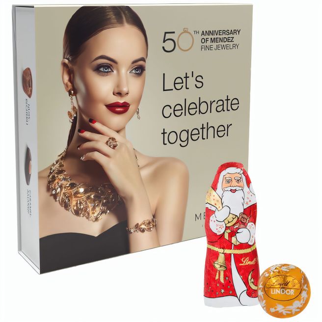 Lindt Präsent im Werbeschuber, Kleine Kostbarkeiten Santa