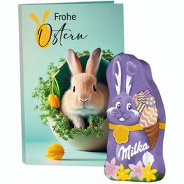 Produktabbildung Werbekarte Visitenkartenformat, Milka Mini Schmunzelhase Werbekarte Visitenkartenformat, Milka Mini Schmunzelhase