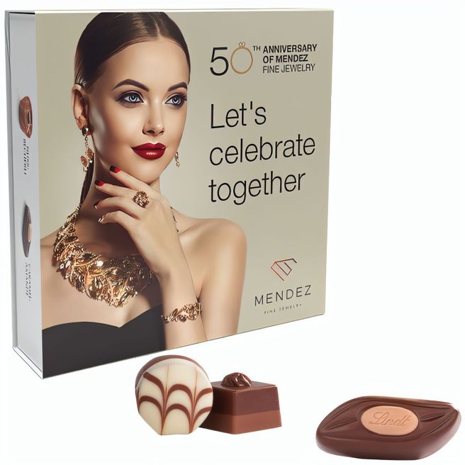Lindt Präsent Werbeschuber aus weißem Karton Lindt Mini Pralinés