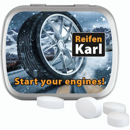 Produktabbildung Klappdose, matt-silber, Pfeffi zuckerfreie Pfefferminzpastillen Klappdose, matt-silber, Pfeffi zuckerfreie Pfefferminzpastillen (Bild 1)