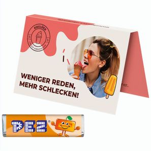 Werbekarte Visitenkartenformat, PEZ Bonbonriegel Orange