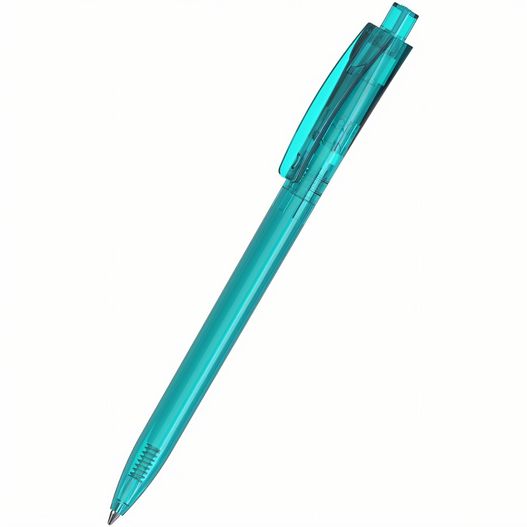 ein stift mit einem blauen körper und einer schwarzen spitze Druckkugelschreiber Qube transparent (Bild 1)