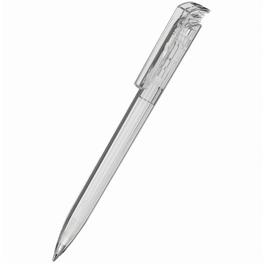 ein stift mit einem klaren kunststoffkörper und einer silbernen spitze Druckkugelschreiber Trias transparent (Bild 1)