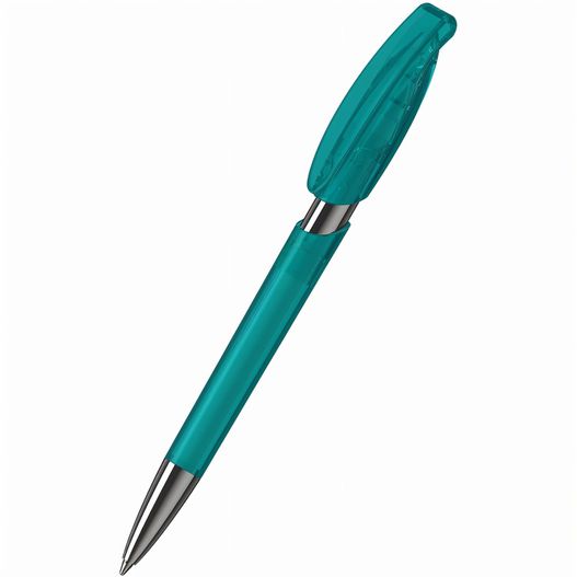 ein stift mit einem grünen kunststofffass und einer silbernen spitze Druckkugelschreiber Rodeo transparent Mn (Bild 1)