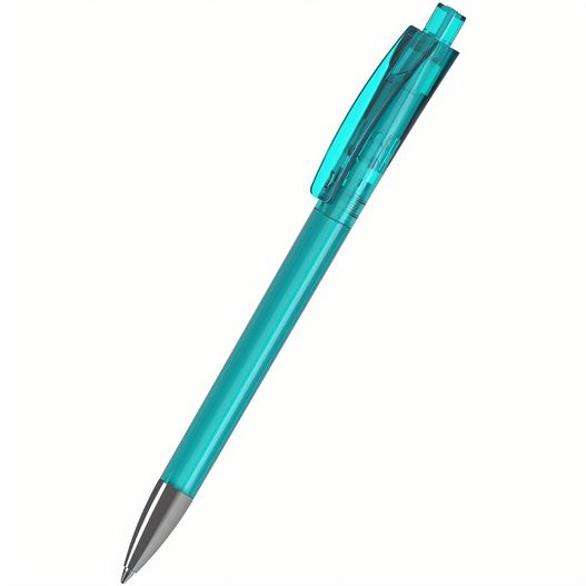 ein stift mit blauem körper und silberner spitze Druckkugelschreiber Qube transparent Mn (Bild 1)