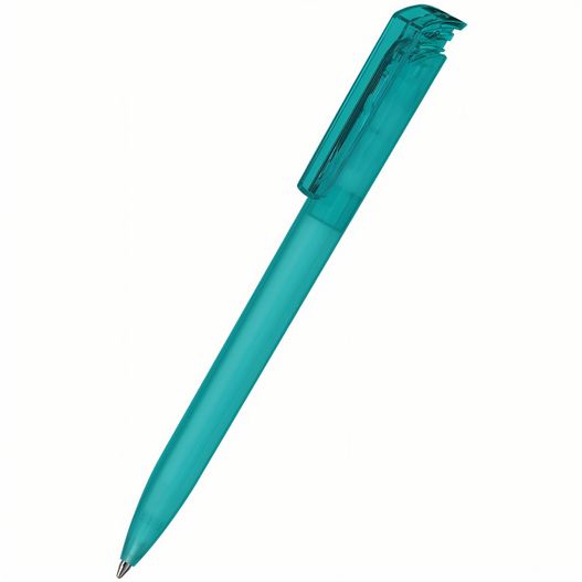 ein stift mit einem grünen kunststoffkörper und einer schwarzen spitze Kugelschreiber Trias softfrost/transparent (Bild 1)