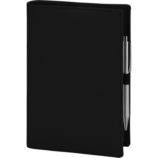 ein schwarzes notizbuch mit einem stift oben Buchhülle (Bild 1)