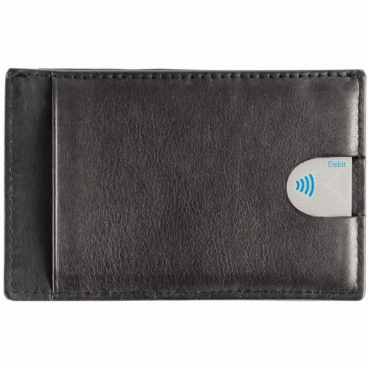 eine schwarze geldbörse mit einem blauen knopf auf ihr Kartenetui mit RFID Schutz (Bild 1)