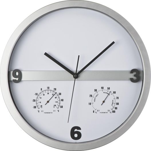 Produktabbildung Wanduhr mit Hygro - und Thermometer, halbes Display bedruckbar Wanduhr mit Hygro - und Thermometer, halbes Display bedruckbar (Bild 1)