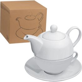 Teekanne mit Tasse und Untersetzer aus Porzellan