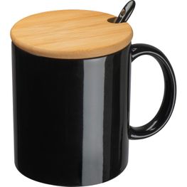 Produktabbildung Keramiktasse mit Löffel und Bambusdeckel Keramiktasse mit Löffel und Bambusdeckel