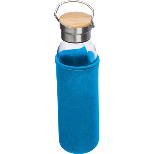 eine blaue flasche mit einem holzdeckel und einem metalldeckel Glasflasche mit Neoprenüberzug, 600ml (Bild 1)