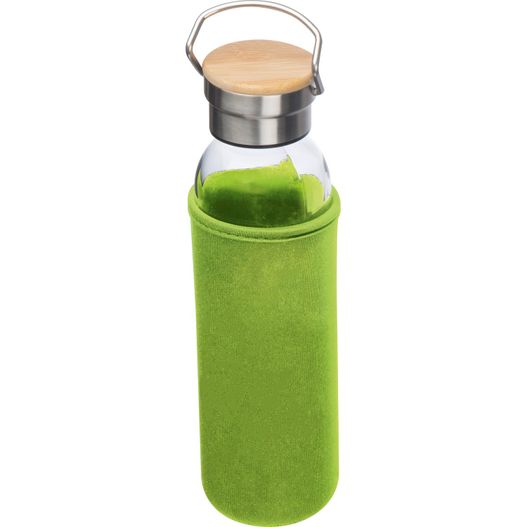 eine grüne flasche mit einem holzdeckel Glasflasche mit Neoprenüberzug, 600ml (Bild 1)