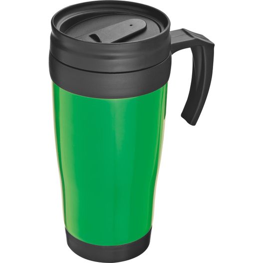 der grüne reisebecher ist mit einem schwarzen deckel gezeigt Isolierbecher aus Kunststoff, 400ml (Bild 1)