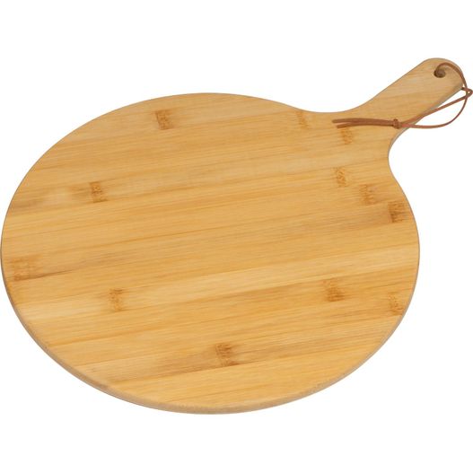 ein holzschneidebrett mit einem griff auf weißem hintergrund Rundes Pizza- und Servierbrett (Bild 1)