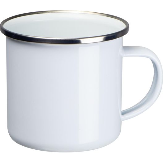 ein weißer becher mit schwarzem rand auf weißem hintergrund Sublimations Emaille Tasse (Bild 1)