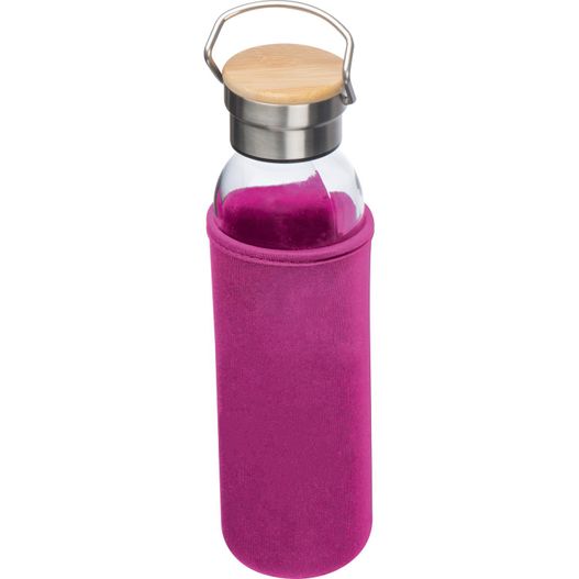 eine flasche mit einem holzdeckel und einer lila tasche Glasflasche mit Neoprenüberzug, 600ml (Bild 1)