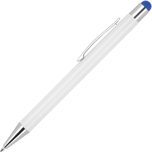ein stift mit blauer spitze und einer silbernen spitze Kugelschreiber aus Aluminium mit gummierter Oberfläche (Bild 1)