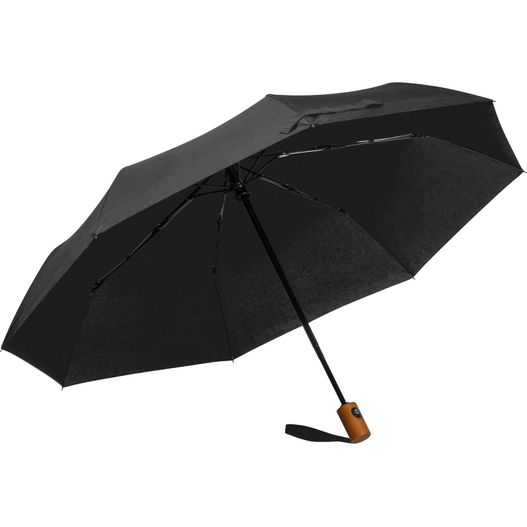 ein schwarzer schirm mit einem hölzernen griff auf weißem hintergrund Regenschirm aus recyceltem Polyester (Bild 1)