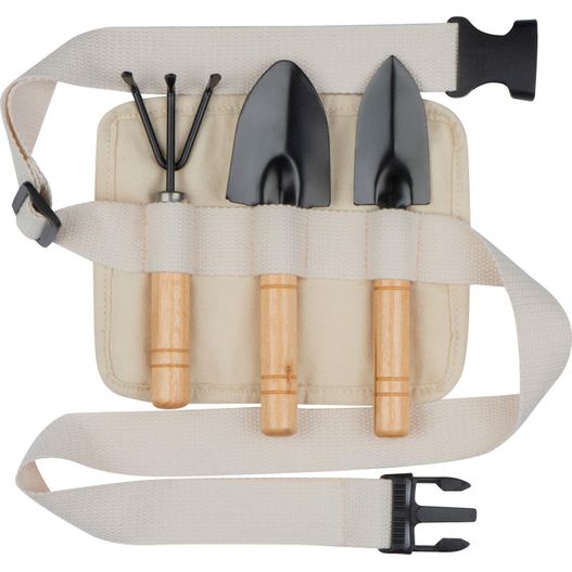 eine reihe von gartenwerkzeugen in einer leinwandtasche Gartengeräteset in einem Gürtel (Bild 1)