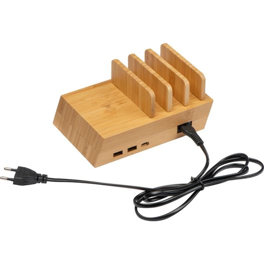 einen holzblock mit einem ladegerät und einem kabel Ladestation für 4 Geräte (Bild 1)