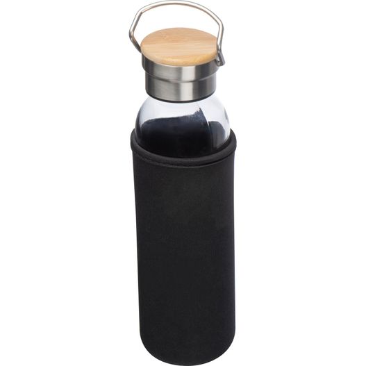 eine schwarze flasche mit einem holzdeckel und einer schwarzen hülse Glasflasche mit Neoprenüberzug, 600ml (Bild 1)
