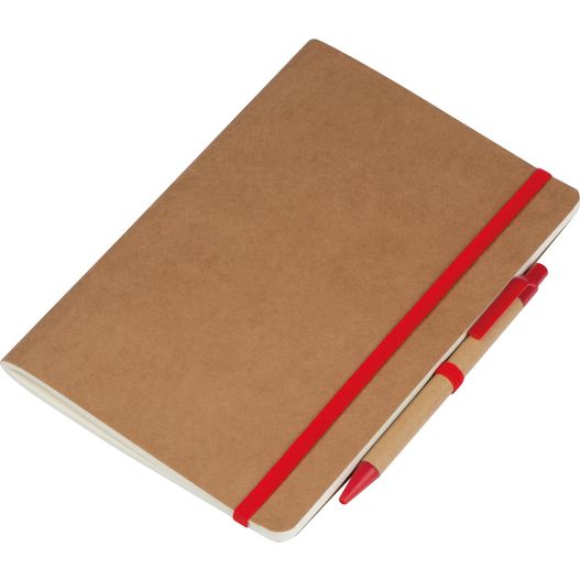 ein braunes notizbuch mit einem roten stift darüber A5 Notizheft mit Kugelschreiber (Bild 1)
