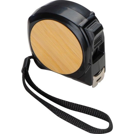 ein schwarzes und hölzernes bandmessgerät mit schwarzem lanyard Maßband mit Bambusapplikation 5m (Bild 1)