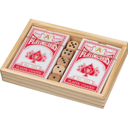 Spielkarten in Holzbox mit Würfel (Bild 1)
