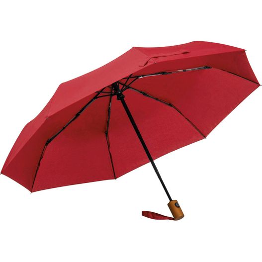 ein roter schirm mit einem holzgriff Regenschirm aus recyceltem Polyester (Bild 1)