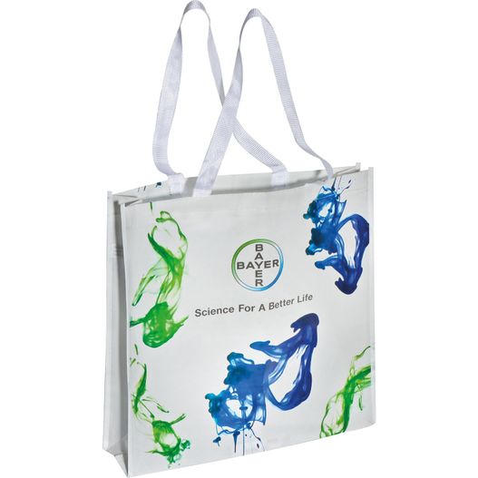 eine weiße tasche mit blauen und grünen designs Sonderanfertigung Shopper 140g/m² PP Non Woven (Bild 1)