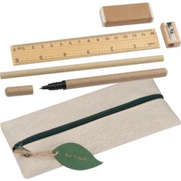 Schreibset mit Lineal, Radiergummi, Spitzer, Bleistift und Rollerball