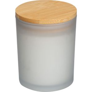 Kerze in gefrostetem Glas mit Bambusdeckel