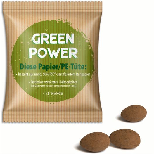 eine tasche aus grüner kraft schokolade mit nüssen bedeckt Mandeln im Werbetütchen (Bild 1)