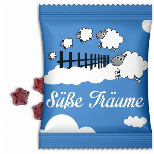 eine tasche mit blauen und weißen süßigkeiten mit schafen darauf Fruchtgummi im Standardtütchen (Bild 1)