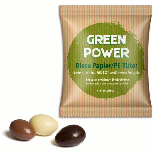 eine tasche aus grüner power-schokolade mit zwei schokolade bedeckten mandeln Mandeln im Werbetütchen (Bild 1)