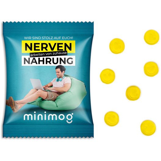 eine tasche von nervennahrung neben einigen gelben münzen Fruchtgummi Standardformen (Bild 1)