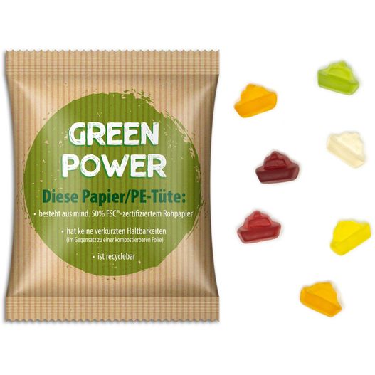 eine tasche mit grünem power gummys mit einem grünen kreis oben Fruchtgummi Standardformen (Bild 1)