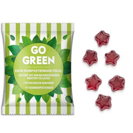 eine tasche aus gummibärchen neben einigen grünen blättern Fruchtgummi Standardformen (Bild 1)