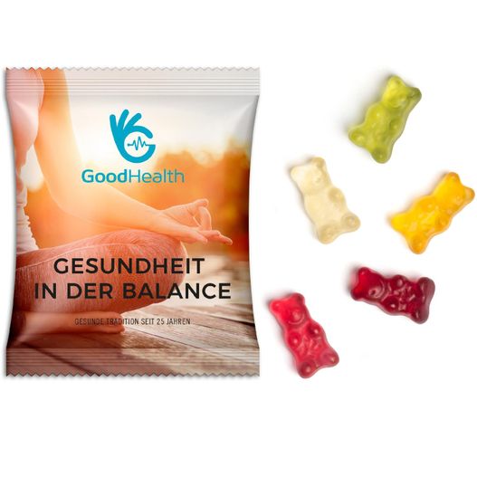 eine tasche aus gummibärchen sitzt auf einem tisch Gummibärchen vegan (Bild 1)
