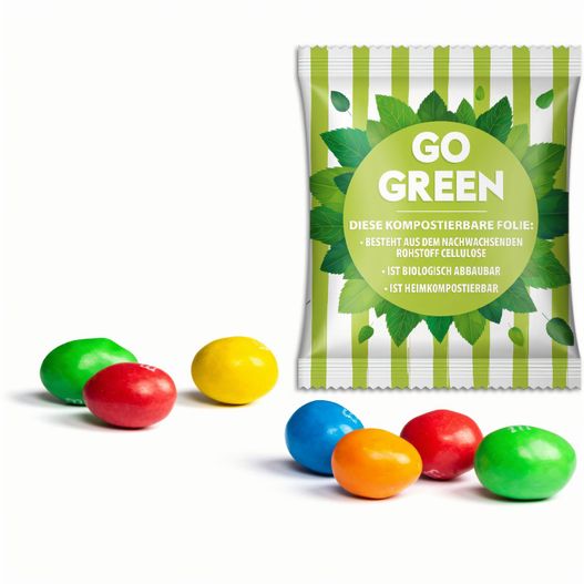 eine tasche aus grünem süßigkeiten mit bunten candis M&M's Peanuts im Werbetütchen (Bild 1)