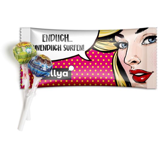 eine bar schokolade mit einem pop-art-bild darauf Mini Chupa Chups im Flowpack (Bild 1)