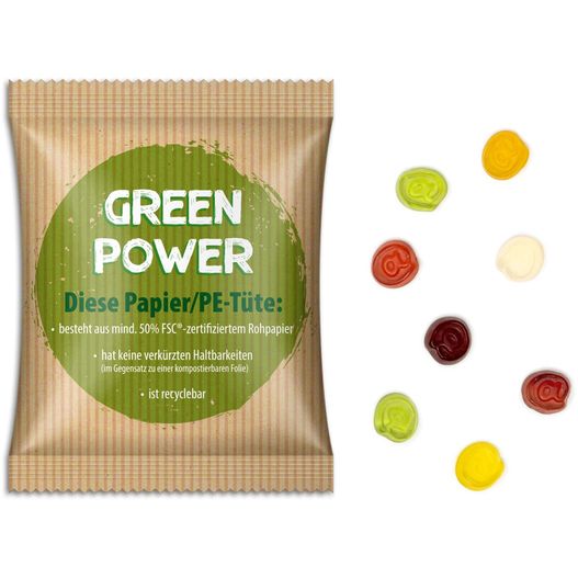 eine tasche mit grünem power gummys neben einer tasche von gummys Fruchtgummi Standardformen (Bild 1)