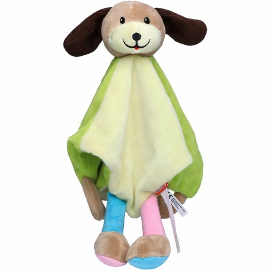 ein gefüllter hund mit einer grünen und gelben decke Schmusetuch Hund (Bild 1)