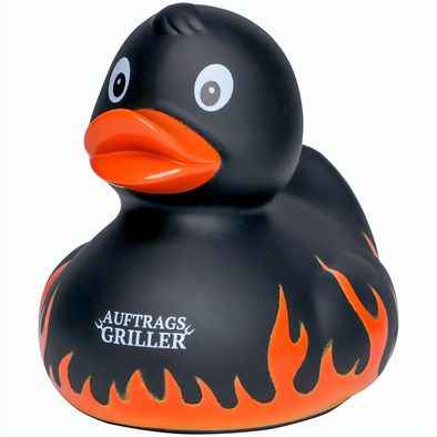 Quietsche-Ente Flammen mit Slogan Auftragsgriller